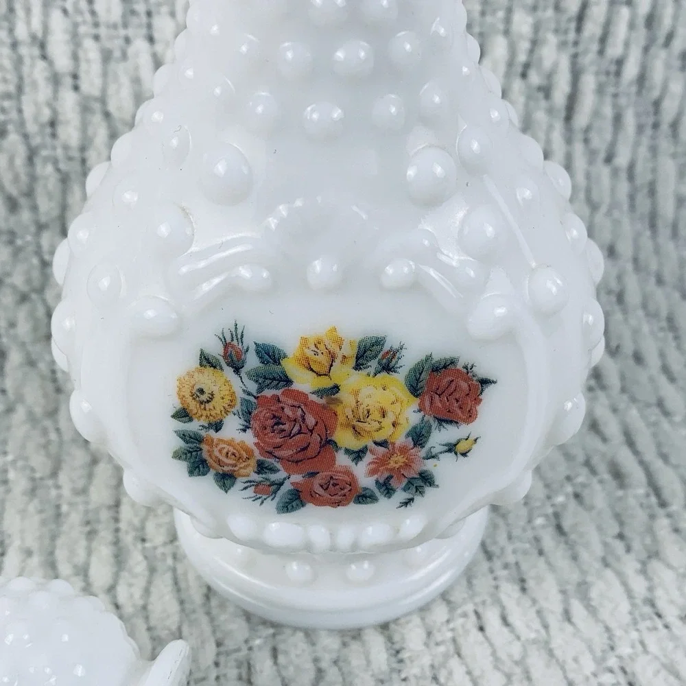 Vintage Hobnail Milk Glass Avon Cologne Bottle Decanter White Floral Flowers EUC
